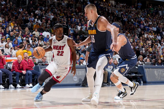 Jimmy Butler #22 of the Miami Heat dribbles the ball during Game Two of the 2023 NBA Finals against the Denver Nuggets on June 4, 2023 at the Ball Arena in Denver, Colorado.