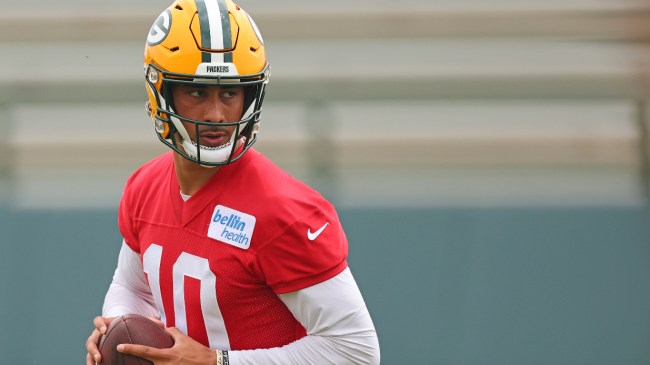 Jordan Love warms up at practice for the Green Bay Packers.