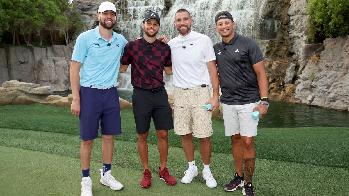Klay Thompson, Stephen Curry, Travis Kelce, and Patrick Mahomes