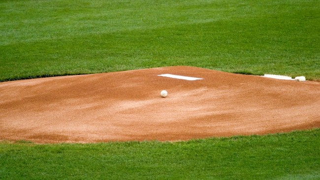 A view of the pitcher's mound on a baseball diamond.