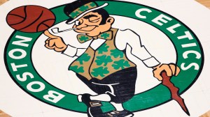 A Boston Celtics logo at midcourt.