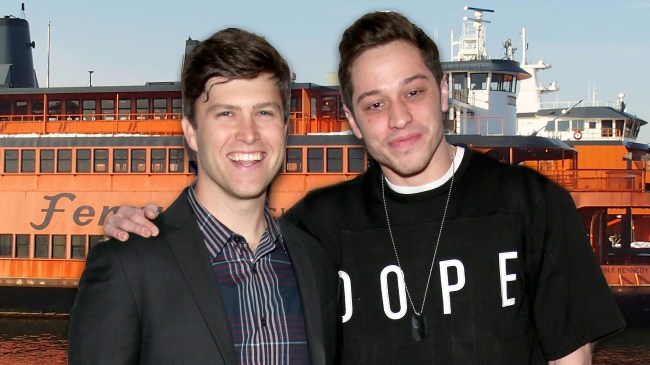 Colin Jost and Pete Davidson in front of Staten Island Ferry