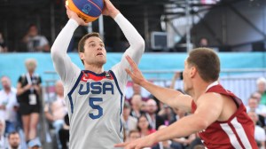 Jimmer Fredette shoots over a defender at the FIBA 3x3 World Cup.