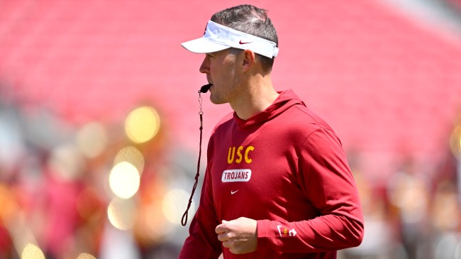 Lincoln Riley watches on at the USC spring game.