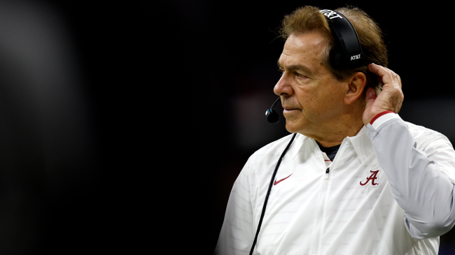 Nick Saban reacts to a play from the sidelines.