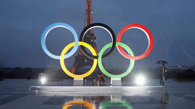 Olympic rings in front of the Eiffel Tower in France