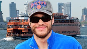 Pete Davidson in front of Staten Island ferry