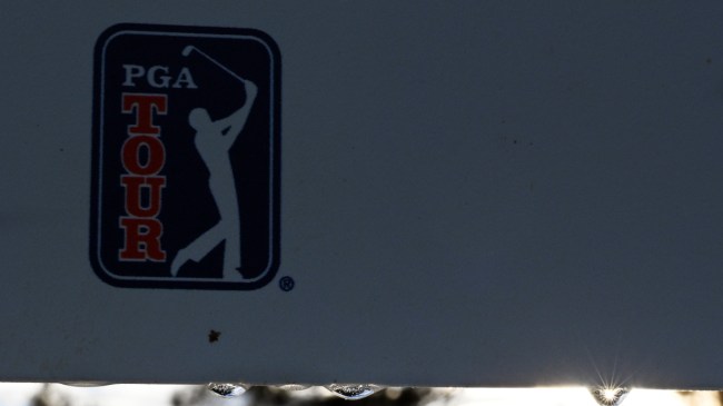 A PGA Tour logo during a weather delay.