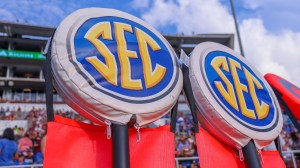 SEC logos on a pair of first down markers.