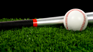 A baseball and bat sit on the grass.