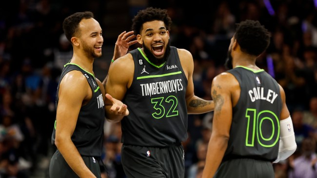 Timberwolves celebrating with Karl-Anthony Towns