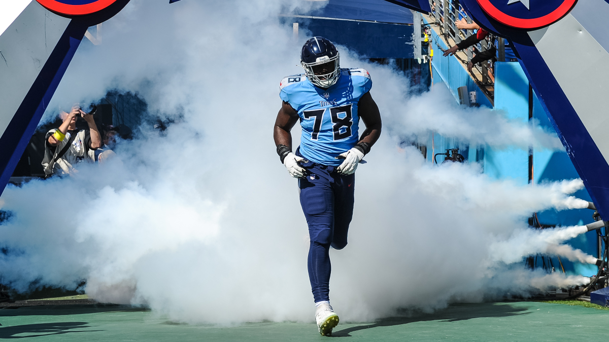 Tennessee Titans offensive tackle Nicholas Petit-Frere (78) looks to make a  block during an NFL football game against the Buffalo Bills, Monday, Sept.  19, 2022, in Orchard Park, N.Y. (AP Photo/Kirk Irwin