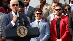 Travis Kelce Goes Rogue, Tries To Get On Live Mic At The White House But His QB Shuts It Down