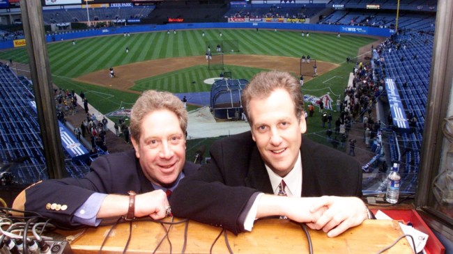 Announcers John Sterling and Michael Kay in the booth at a Yankees game.
