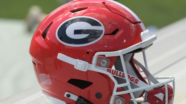 A Georgia football helmet on the sidelines during the spring game.