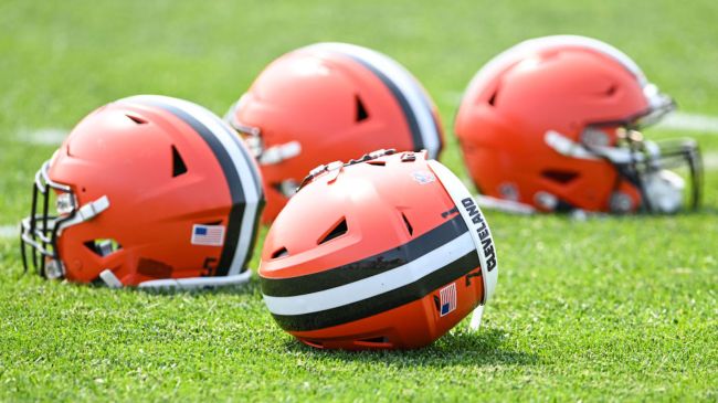 cleveland browns helmets on a football field