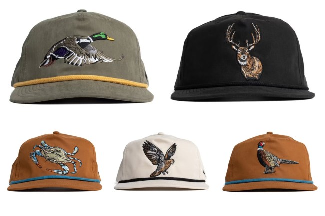 Duck Camp hats with ducks, whitetail deer, blue crabs, phesants, and quails