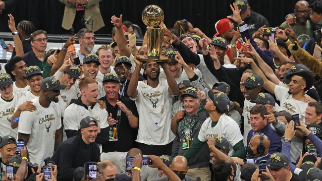 The Milwaukee Bucks celebrate an NBA championship.