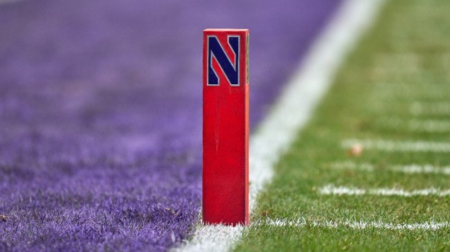 A Northwestern logo on a football pylon.