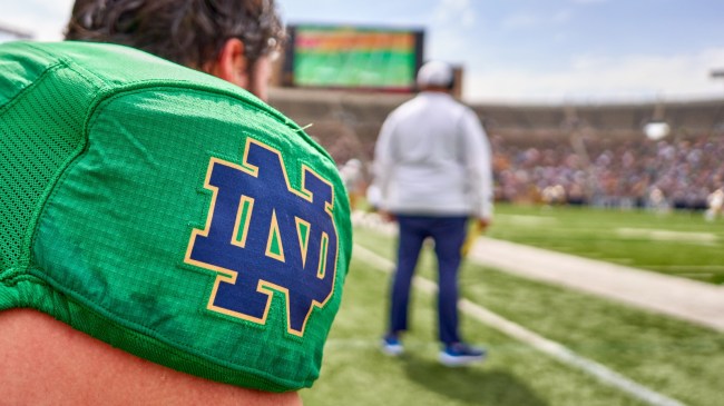A Notre Dame logo on a jersey at the spring game.