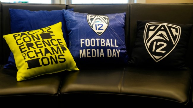 PAC 12 logos on a set of pillows at media days.