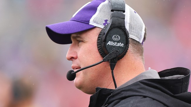 Northwestern head football coach Pat Fitzgerald looks on from the sidelines.