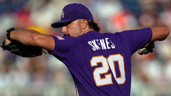 Paul Skenes throws a pitch in the College World Series.