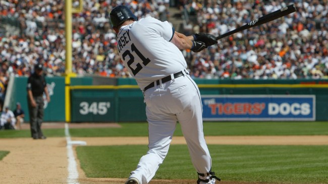 Sean Casey takes a swing during a game between the Tigers and Yankees.