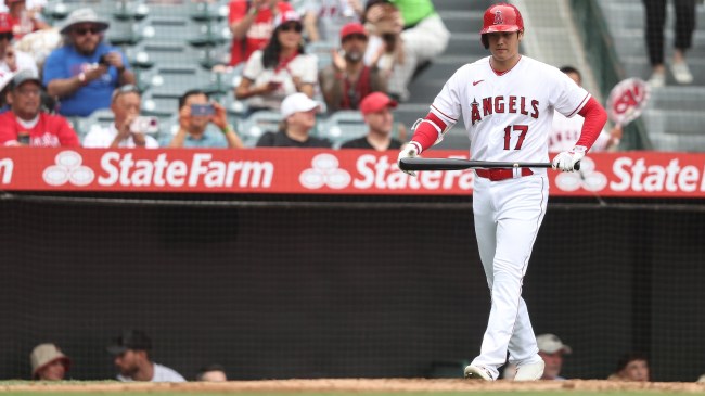 Shohei Ohtani walks to the plate for the Los Angeles Angels.