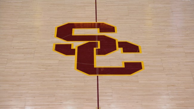 A USC logo on the basketball court at the Galen Center.