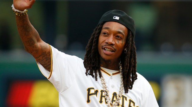 Wiz Khalifa throws out the first pitch at the Pittsburgh Pirates game.