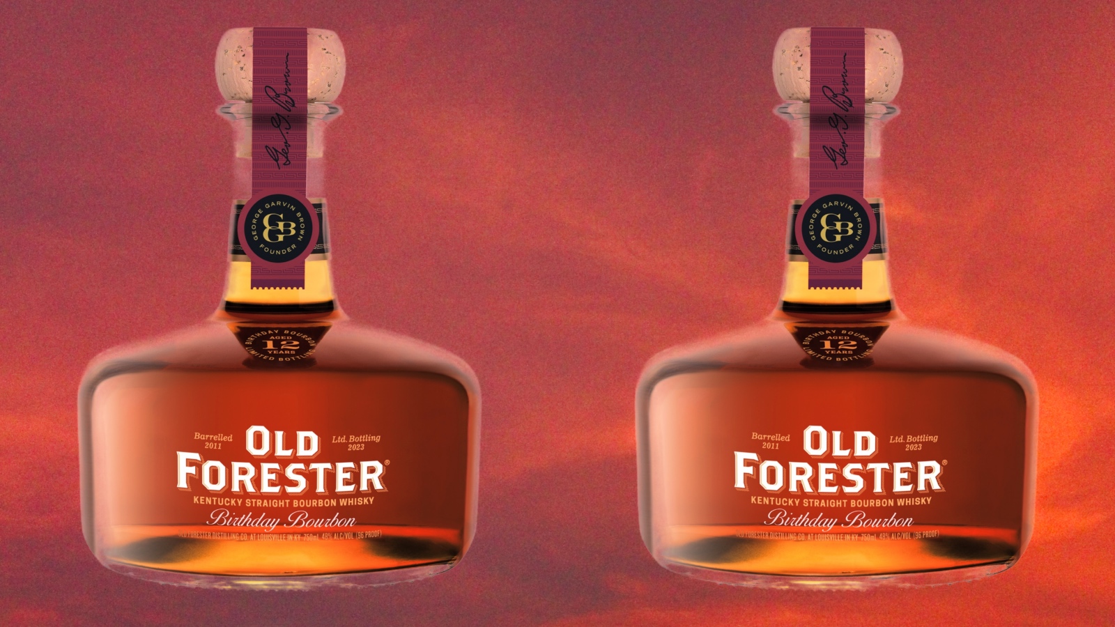2023 Old Foresters Birthday Bourbon bottles in front of skyb ackground