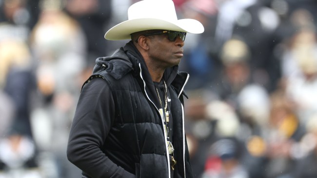 Deion Sanders watches on during Colorado's spring game.