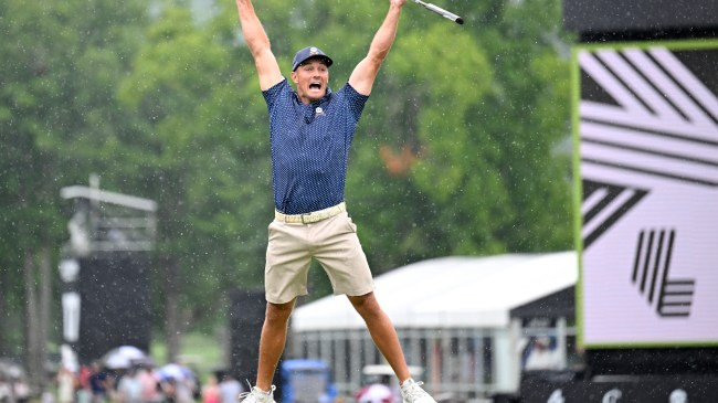 Bryson DeChambeau celebrates after shooting a 58 in his final round at Greenbrier.