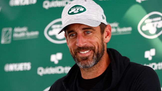 aaron rodgers speaking at new york jets training camp