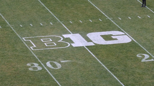 A Big Ten logo on the Maryland football field.