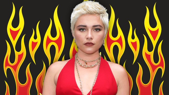 Florence Pugh over flame background
