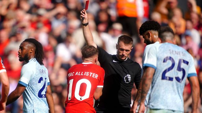 liverpool midfielder alexis mac allister getting a red card