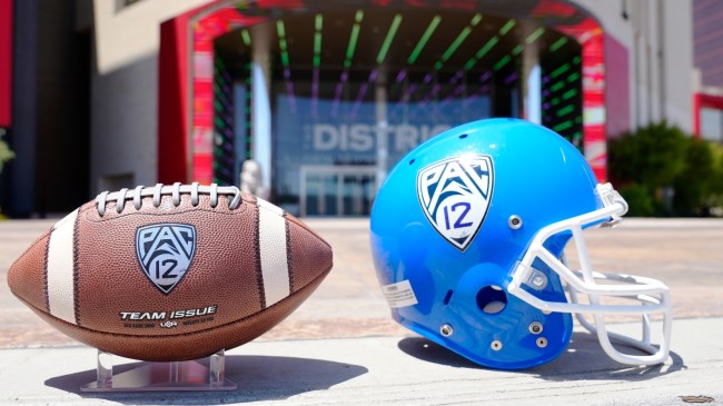 PAC-12 logos on a football and helmet at media days in Las Vegas.