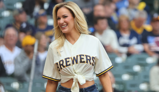 paige spiranac throws out first pitch brewers game