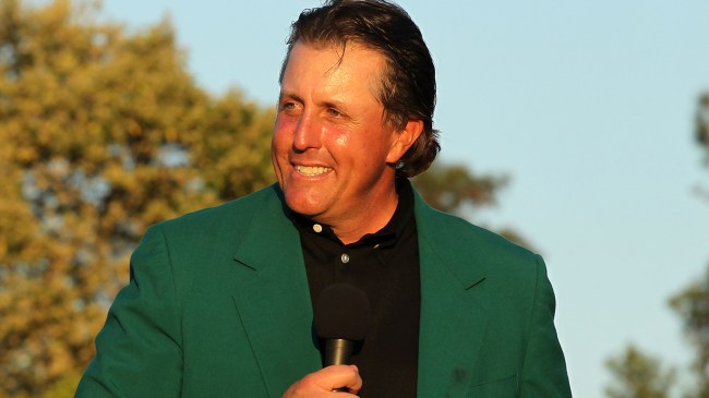 Phil Mickelson wearing the green jacket after winning The Masters at Augusta National
