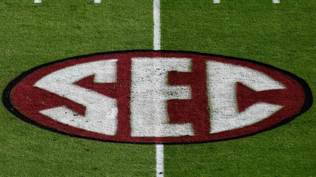 An SEC logo on the field at Williams-Brice Stadium.