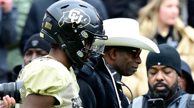 Shedeur Sanders with head coach Deion Sanders at the Colorado spring game.
