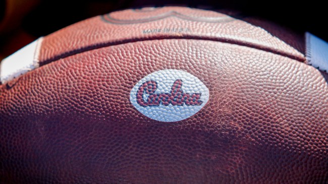 A South Carolina Gamecocks logo on a football.