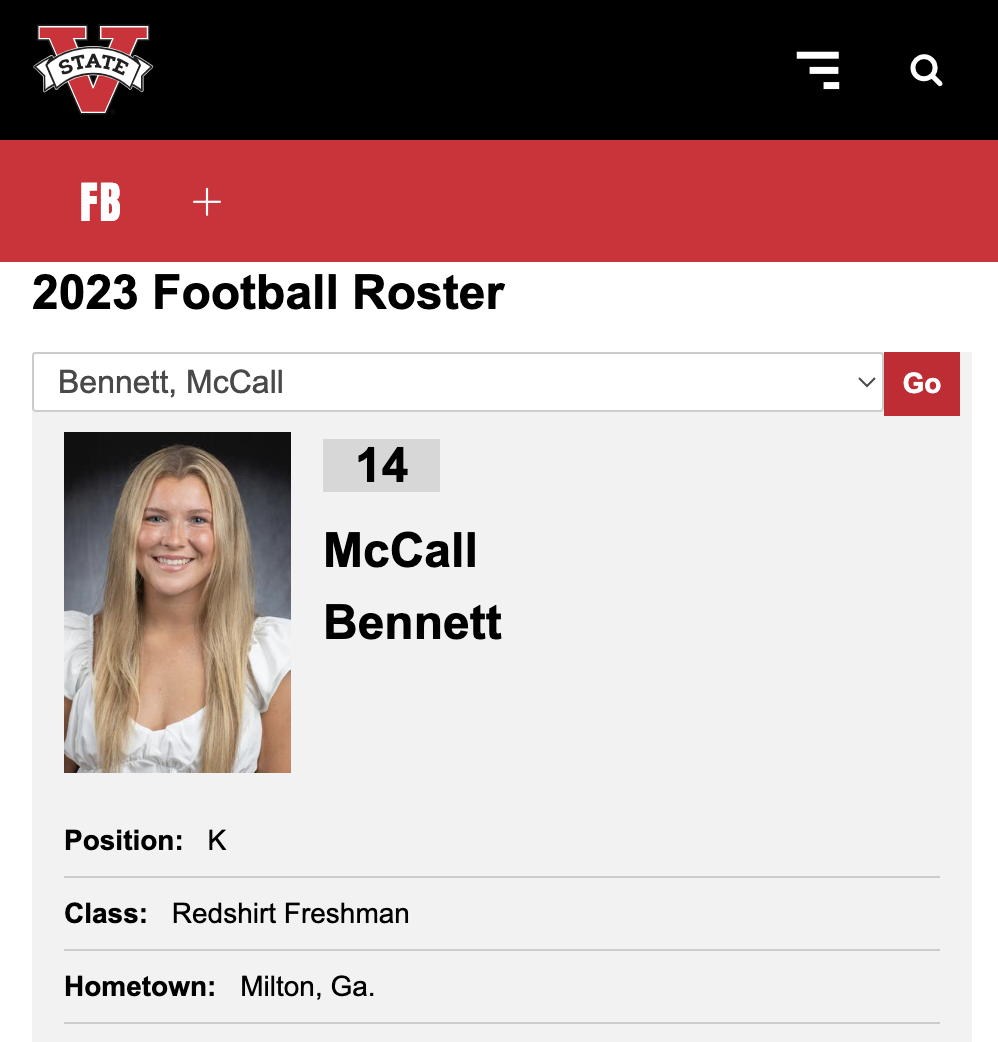 Valdosta State female kicker McCall Bennett