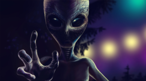alien with ufo in background