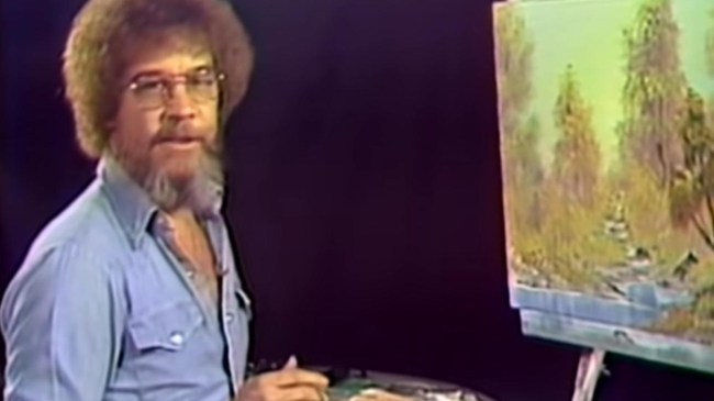 Bob Ross working on "A Walk in the Woods," his first painting on his TV show