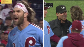 A Heated Bryce Harper Curses Out Ump Angel Hernandez After Terrible Check Swing Call, Tosses Helmet Into Crowd