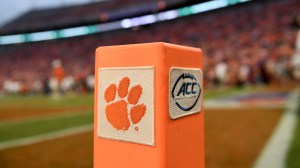 A view of pylon holding both Clemson and ACC logos.