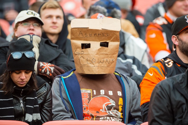 Cleveland Browns fan with a paper bag on head during a bad season